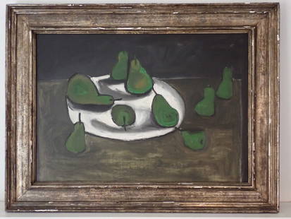 William Scott "Nine Pears on a White Plate", c. 1956 Oil on Canvas: William Scott (British, 1913-1989). Signed "W Scott" on verso. Oil on canvas painting, 19 3/8" x 27 7/8", framed. Exhibition: Exhibited at Gimpel Fils, London, 1985, catalogue checklist no. 6; 1986