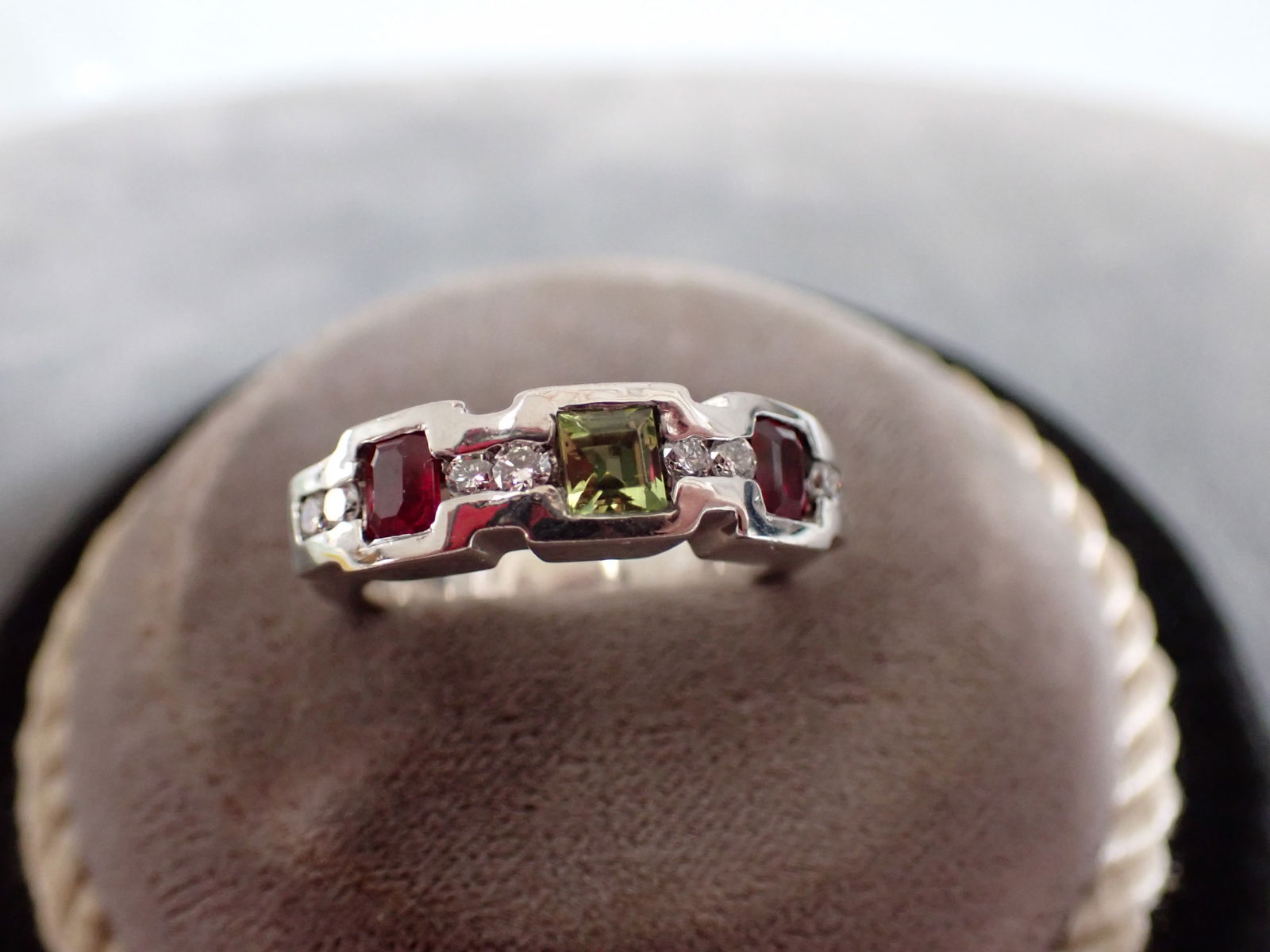Platinum, Peridot, Ruby and Diamond Ring - Size 6 1/4 (1 of 4)