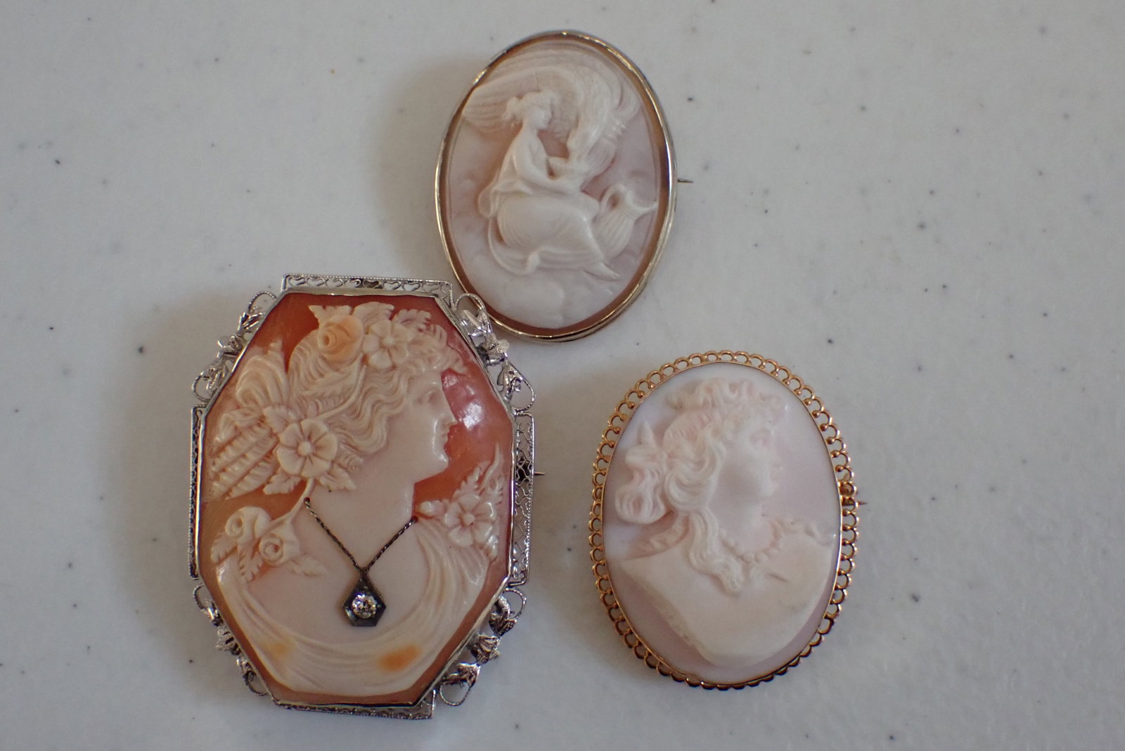 3 10k and 14K Cameos: 10K Gold Cameo Pin, 14K Cameo and Diamond Pendant and14K Cameo