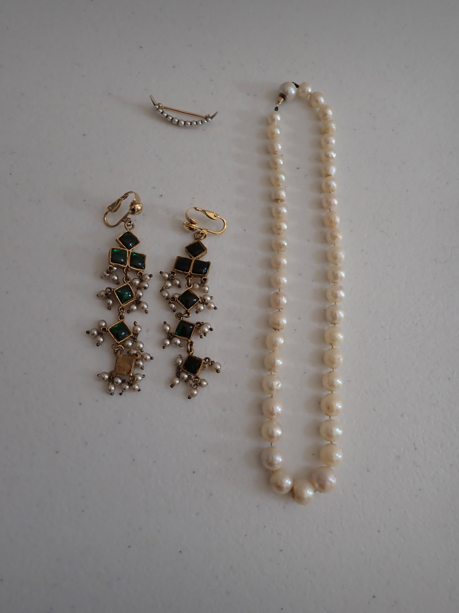 Shreve & Co. 14K & See Pearl Pin, Peals & Earrings: Costume Earrings and Pearl Necklace untested