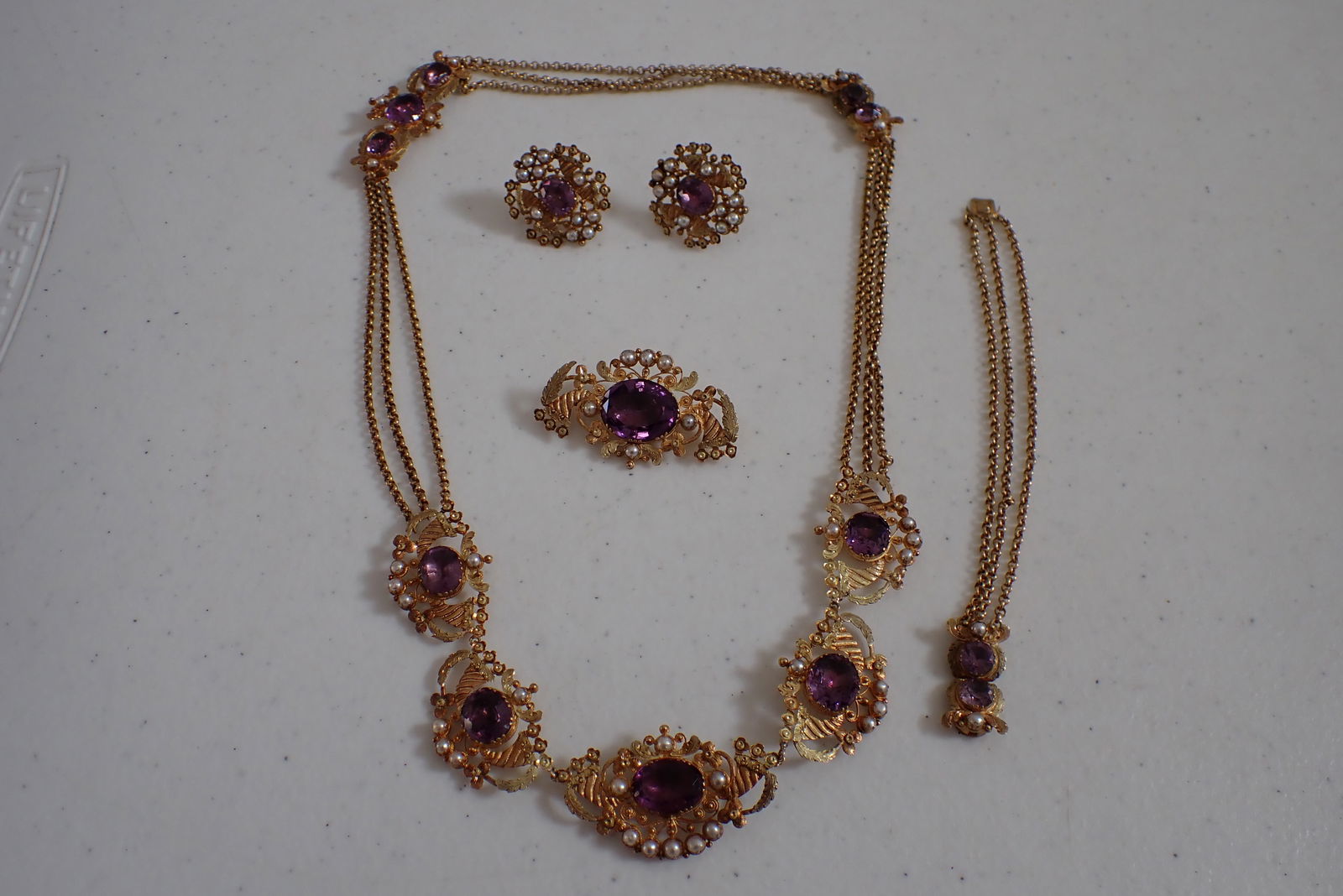 Amethyst and Seed Pearl Necklace, Bracelet, Earrings and Pin - Beautiful Set (1 of 11)