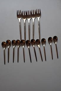 A. Michelsen Sterling Denmark Forks and Spoons: (5) 6" Forks and (11) 4" spoons. Marked A. Michelsen Sterling Denmark. Were used and have a little wear. 10.8 Troy Ounces.