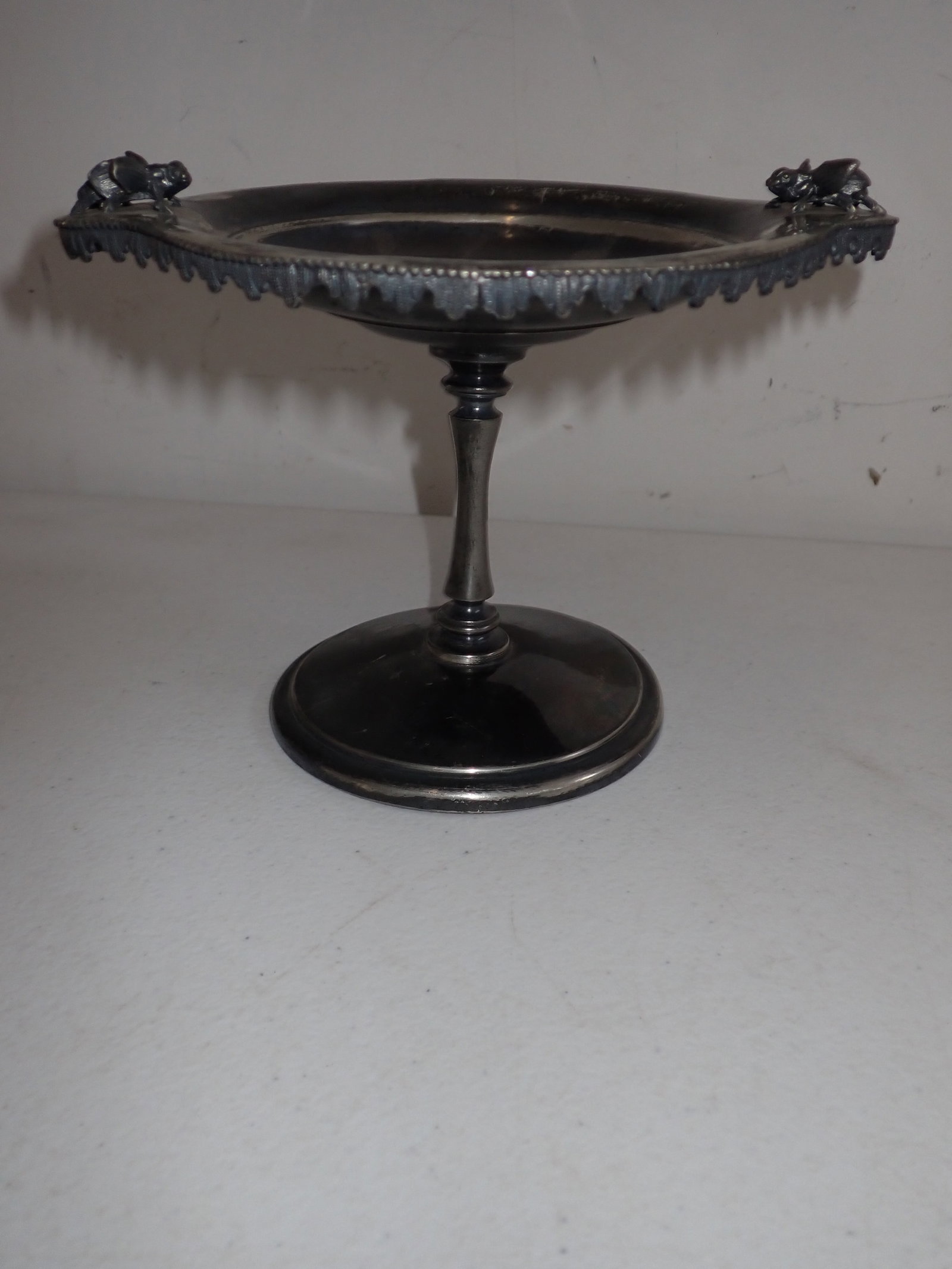 Simpson Hall & Miller Co.Silver Plate Bee Designed Compote: 5" high x 6" diameter & 7 1/2" at the point where the bees are. Base has small dent