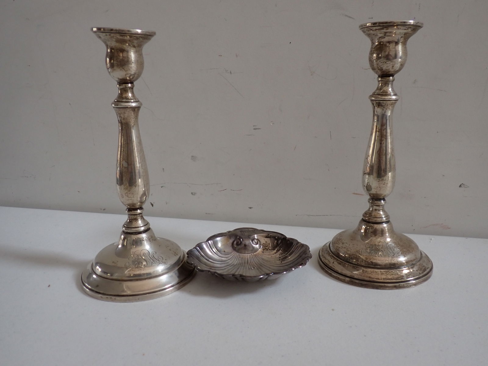 Sterling Weight Candlesticks & Oyster shaped bowl (1 of 11)