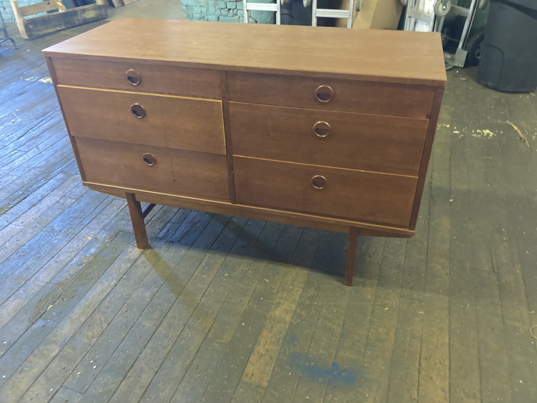 Danish Buffet: 6 Drawers. One is Silverware drawer. Light scuffing and wear. 47 3/4" wide, 18 1/2" deep and 31" high.