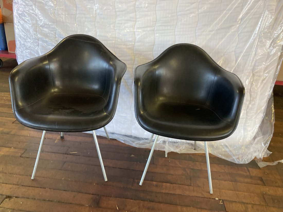 Midcentury Modern Design Fiberglass and Leather Chairs: 2 Fiberglass and Leather One has 31 1/4" High x 25" deep and one has seat other has creasing top of leather