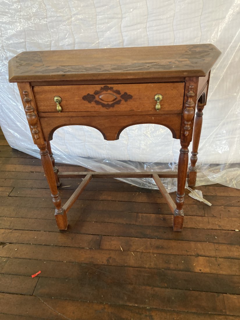Danish One Drawer Stand: Circa 20's and 30's Vanity with pyrography design 16" deep x 32"high