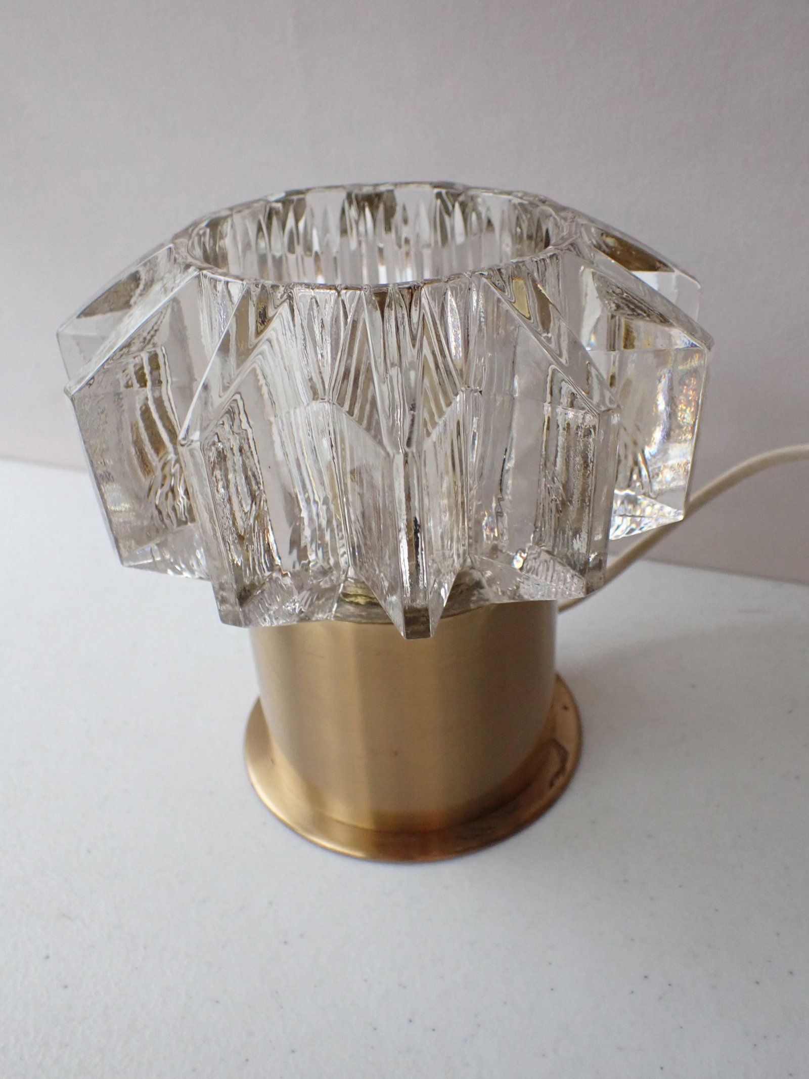 Borens Boras Brass and Glass Lamp MCM: Lamp has 2 Original Paper Labels Mid Century Modern. 6" high Glass is 6" wide at the widest point. Little wear. Untested.