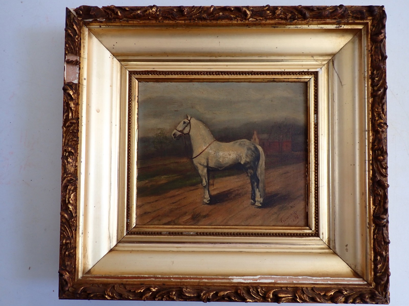 Signed Horse Oil on Canvas - Gold Gilt Frame: Frame is 10 3/4" x 11 3/4". Art: 6" x 7". Frame has some chipping and broken pieces (will include to repair). Some wear to paint, most noticable on Horse's body.