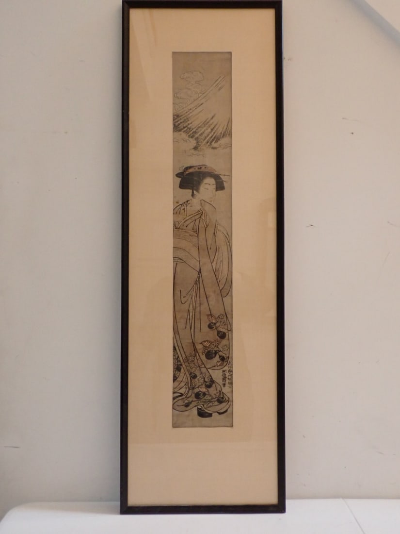 Isoda Koryusai Japanese Wood Block Print (1735 - 1790): Wood Block Print of "Woman near Fuji Mountain". Frame: 35 1/2" x 17", Art: 26" x 4". Has some staining.