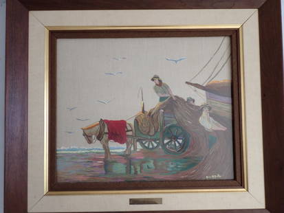 "Levee de Filets" Framed Needlepoint Work: Frame: 29 3/4" x 3 3/4". Art: 25 1/2" x 29 1/2". Needlepoint by Anne-Marie Desrosiers. Back is marked "Peinture a Latiguille, Ls Levee des Filets, Pari Anne-Marie Matte Desposers Saint-Hyacinthe - P.