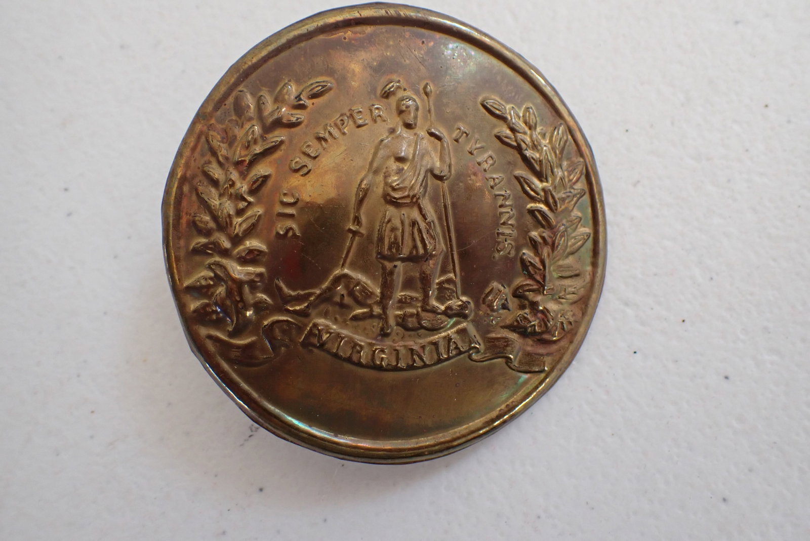 Virginia Civil War Ammunition Plate/Belt Buckle: Brass Plate marked "Sig Semper Fidelis Virginia. Approximately 2 1/2" Diameter.