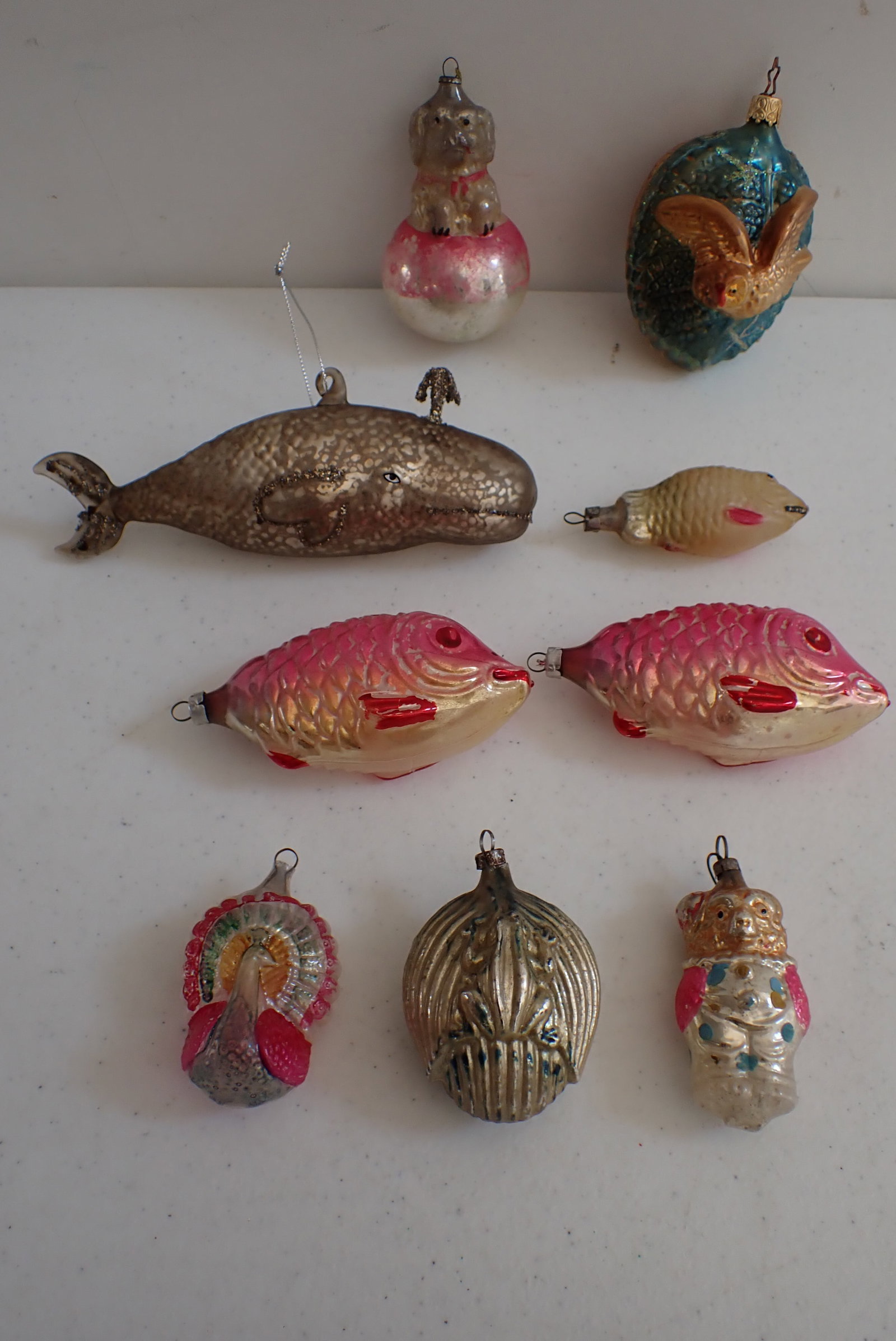 Antique and Art Glass Animal Christmas Ornaments: 9 Ornaments: Mercury Glass Dog on a ball, Frog, 3 Fish, Peacock, Whale, Owl and Bear. 2 1/2" - 6 1/2".