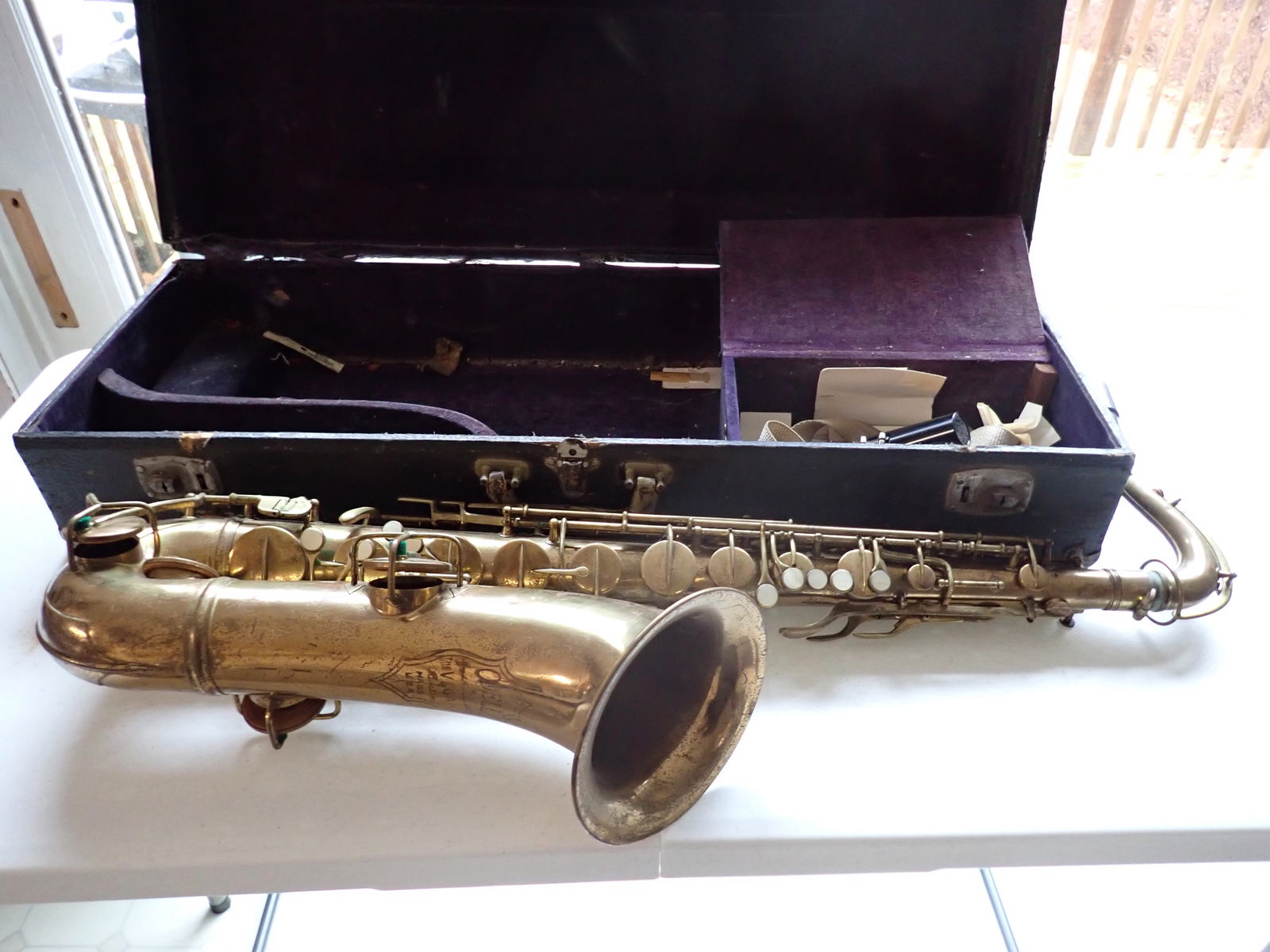 ODell Vega Boston, MA Saxophone with Case: Has pitting and wear. Serial number in photo # 10.