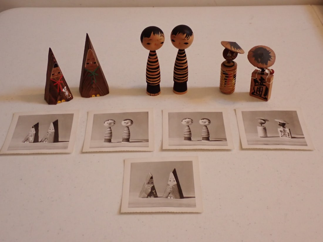 Three Vintage Kokeshi Dolls: Three Vintage Kokeshi Dolls, One pair of triangular shaped figures; a pir of figures of boys and a pair of ?, one rectangular and one spool shpaed. Also has 5 Vintage photo of the figures. All in very