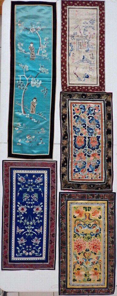 Asian Figural and Floral Vintage Silks: Women and Trees - 38" x 11 1/2". Women with Flowers and Fan 22 1/2" x 11". Floral Design with Yellow Background 25" x 14". Floral Design with Light Blue Background 24" x 13". Floral Design with Deep B