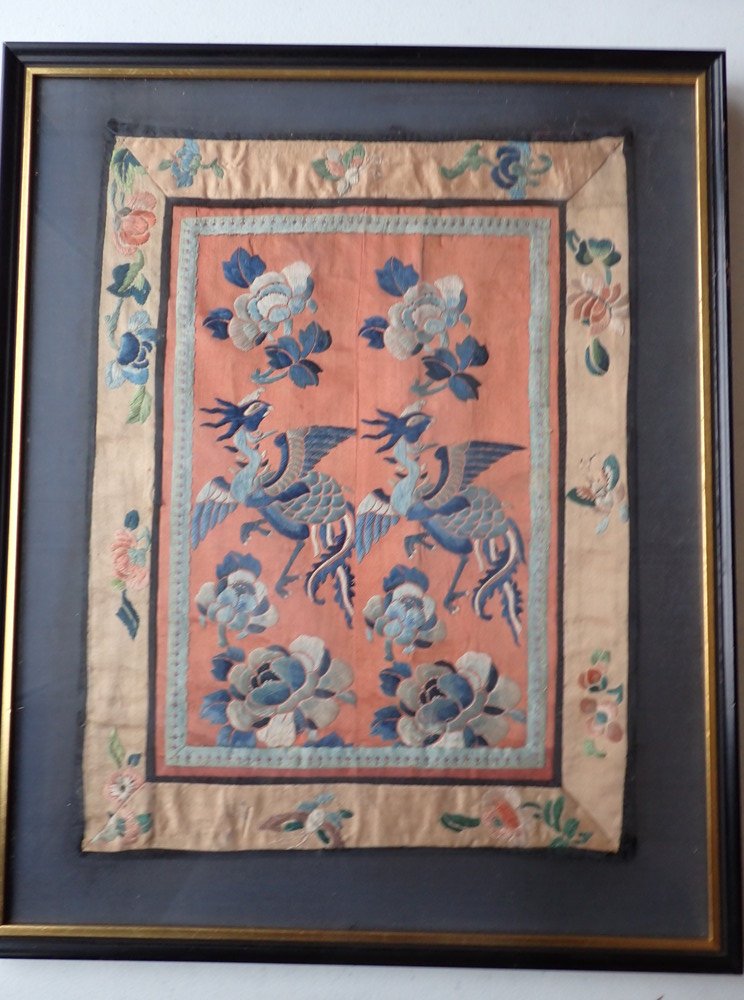 Antique Framed Chinese Crane and Flower Silk: Butterfly, Bird, and Flowers Asian Design Silk. 17 1/2" x 14."