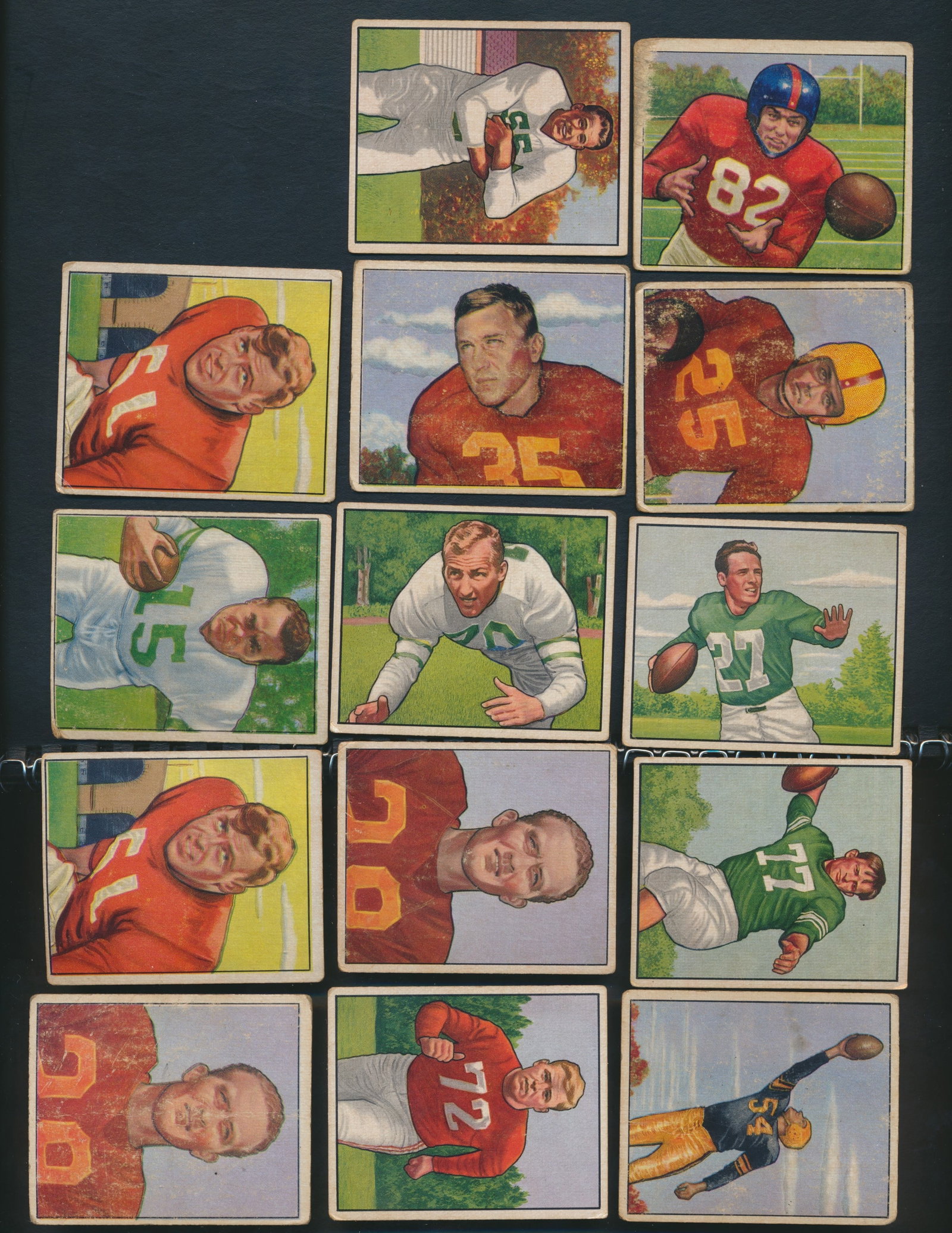 1950 Bowman Football Cards: Bill Dudley, Steve Van Buren, etc.: 14 Football Cards. Have Edge and Corner Wear. Some have front wear.