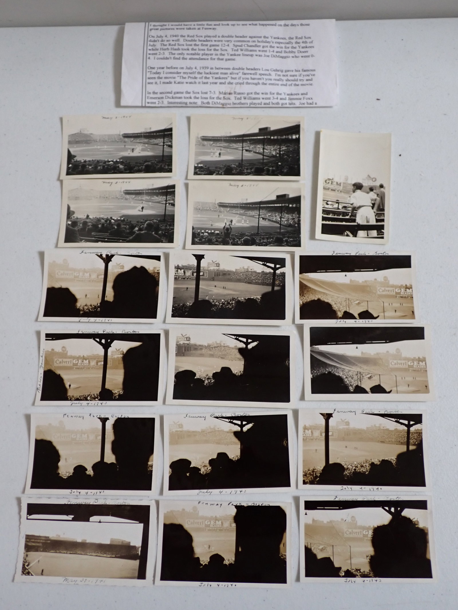 (17) 1940's Photos at Fenway Park: 17 Black and White photos taken from the stands at Fenway Park. Measure 2 3/4" x 4 3/4". Dates of games are marked on the photos. Has letter explaining the games and who played.