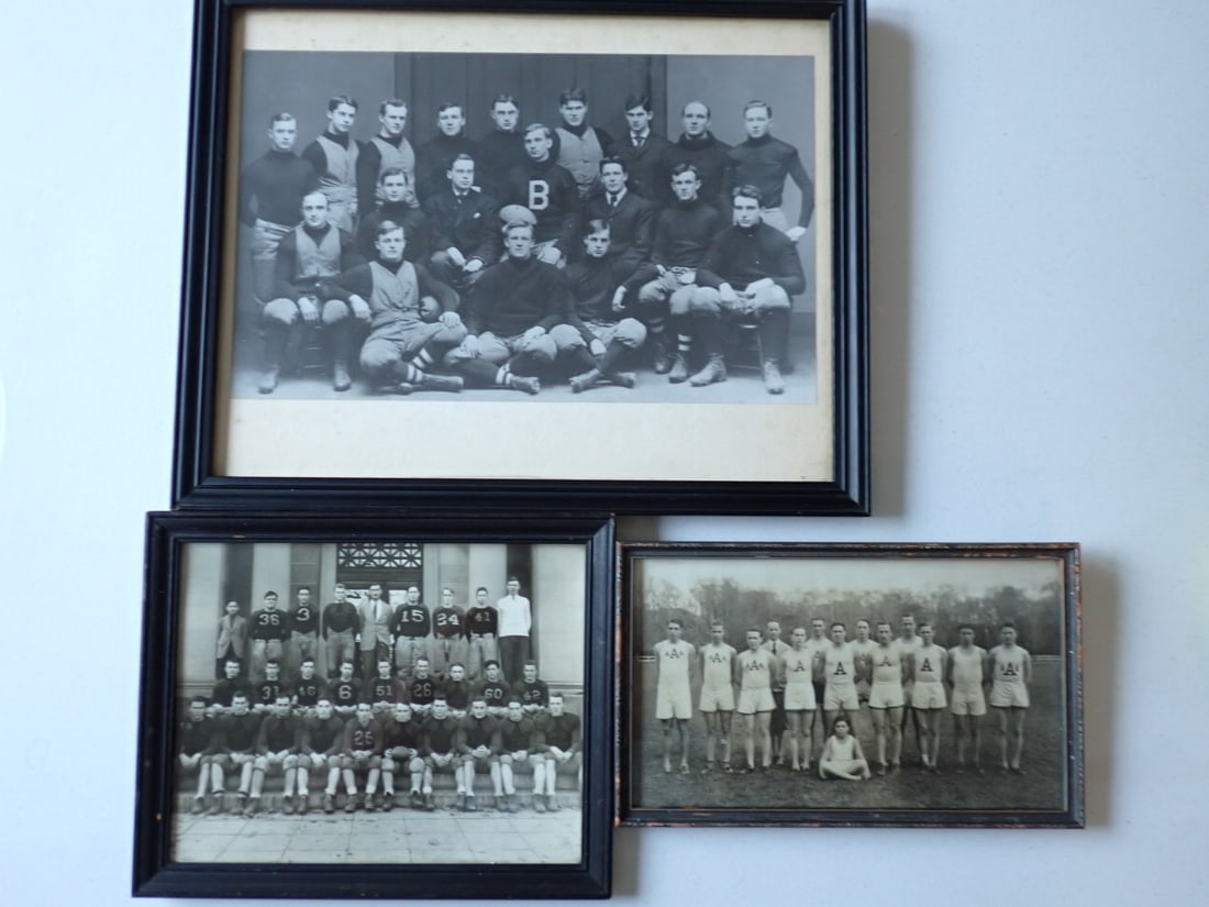 2 Vintage Football Photos and Track Team Photo.: Large Photo of Football team Shows plyter with a "B" on jersey. Some players have quilted uniforms of early 1900s. Image may be a copy. Frame 12" x `5". Image 8" x 13". Smaller Circa 1940s Football Te
