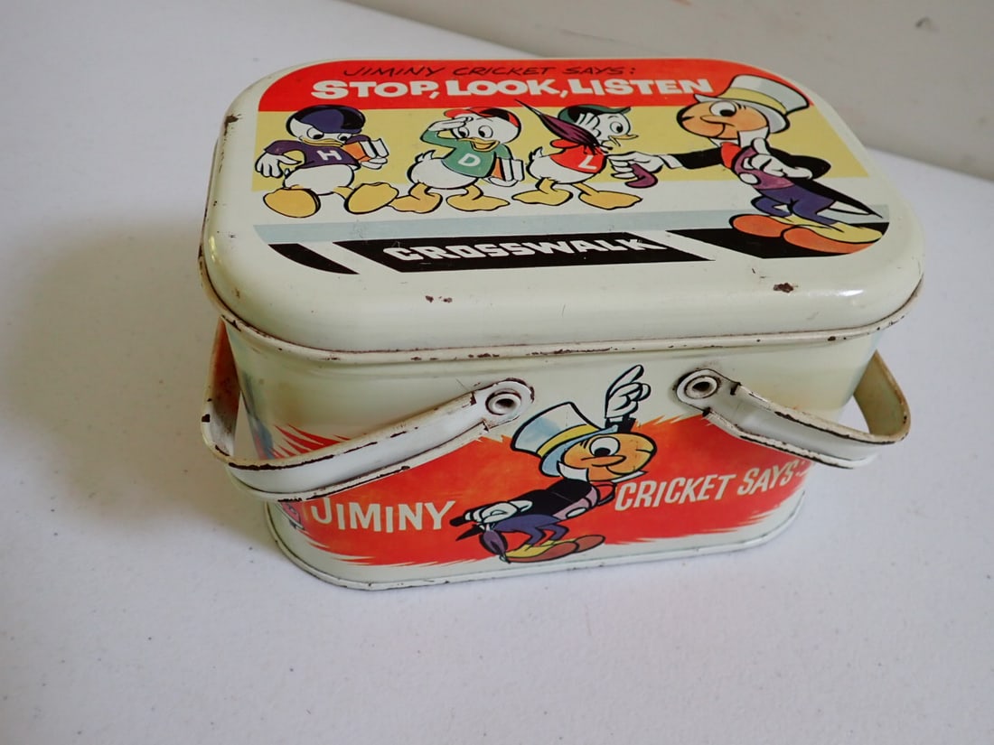 1950's Disney Lithographed Tin Jiminy Cricket Lunch Pail (1 of 12)