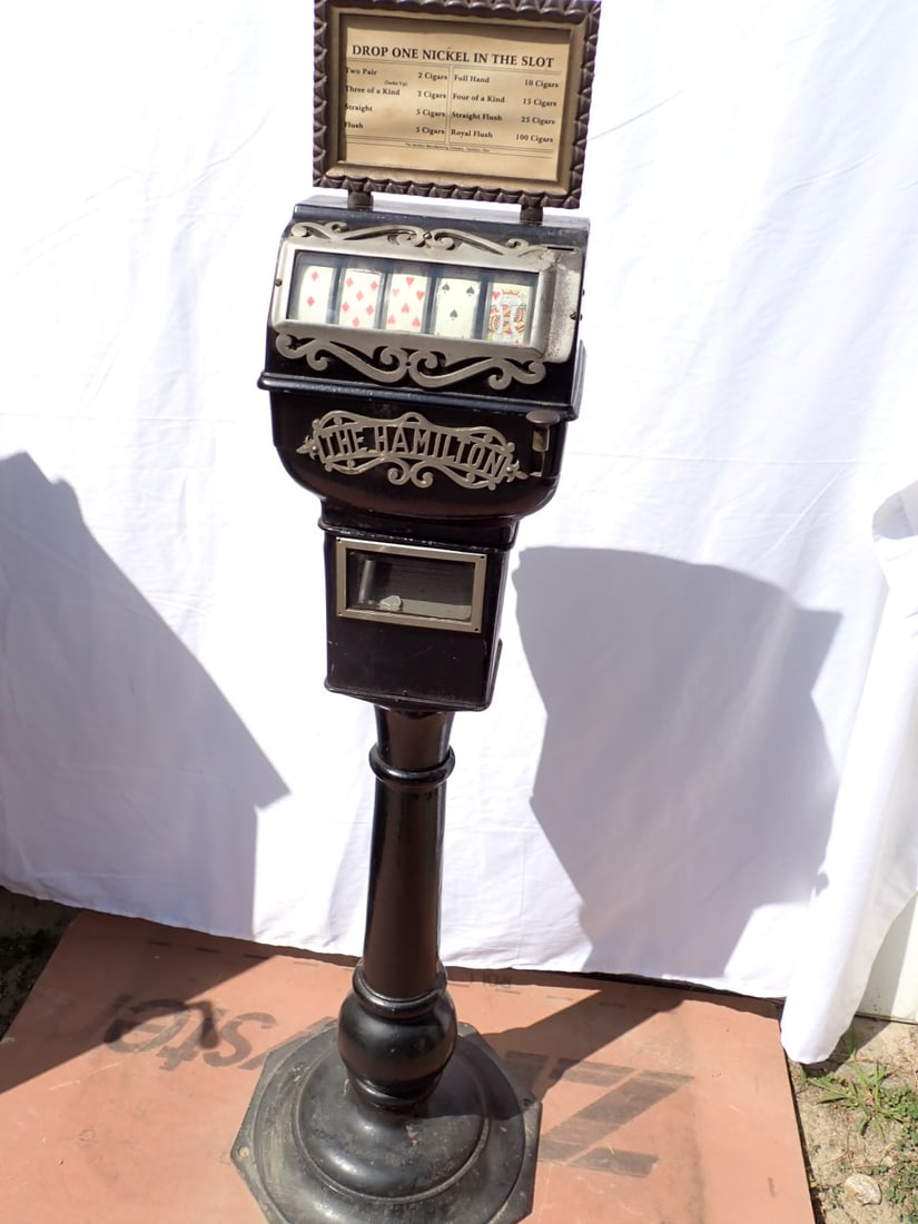 The Hamilton Stand Up Nickel Slot Machine - Works 57" High: In good condition.