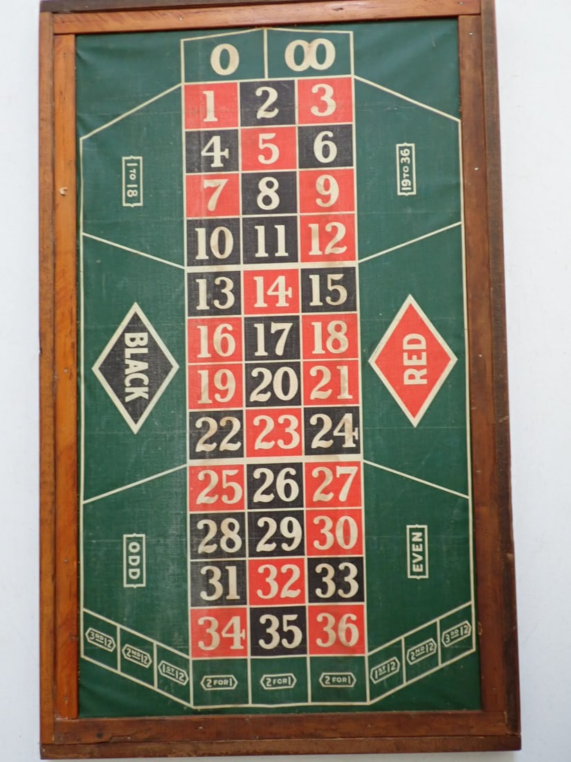 Marx Merry Time Roulette Game Board: Canvas covered gameboard in wood frame. Attached to back is: "Rules for Marx Merry Time Roulette Wheel". This is the board to place bets, the gaming wheel is not included. 26 1/4" x 16"