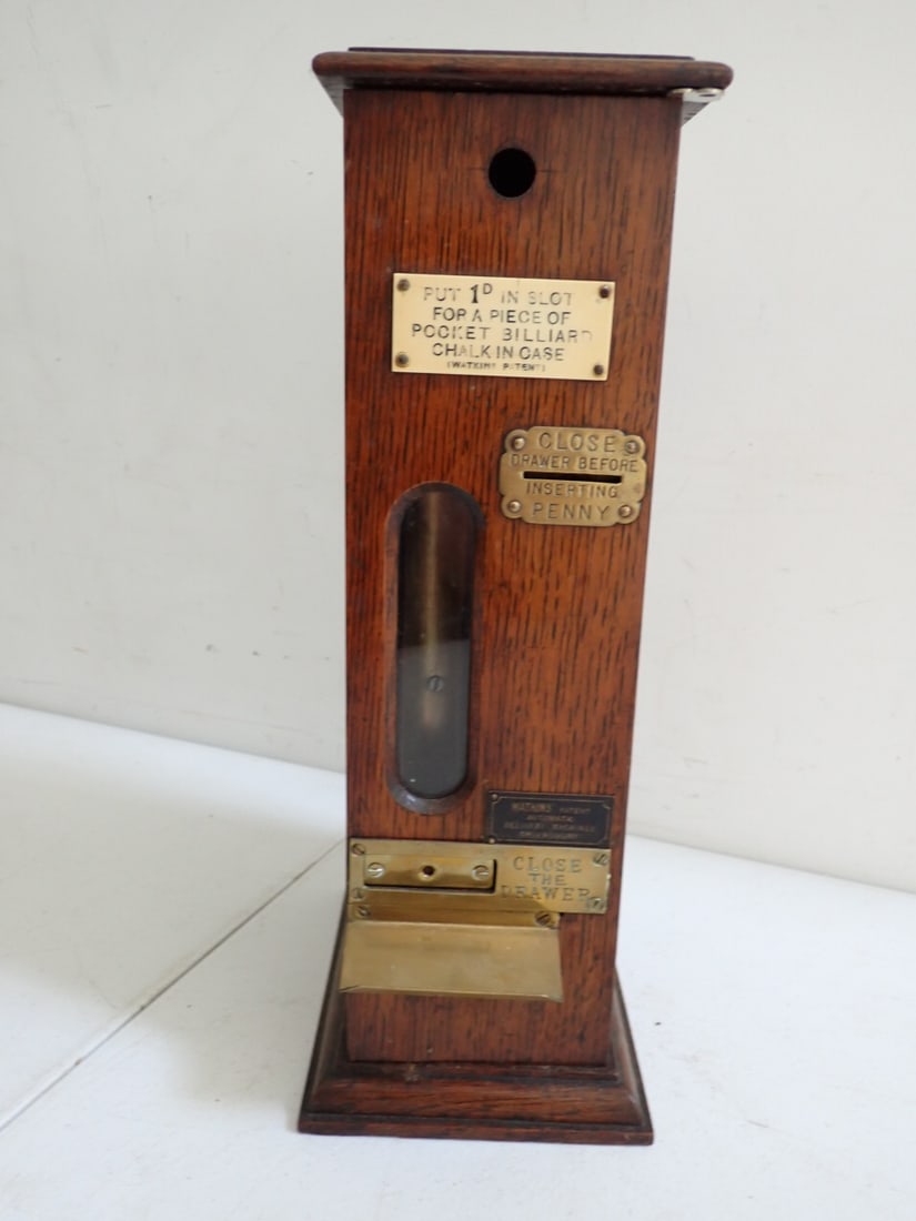 Antique Pocket Billiard Chalk Dispenser: Watkins Patent, "Put 1 Pence in Slot for a piece of pocket billiard chalk in case" Brass label says Close drawer before inserting Penny". Also marked "Watkins Patent Automatic Delivery Machines Shrews