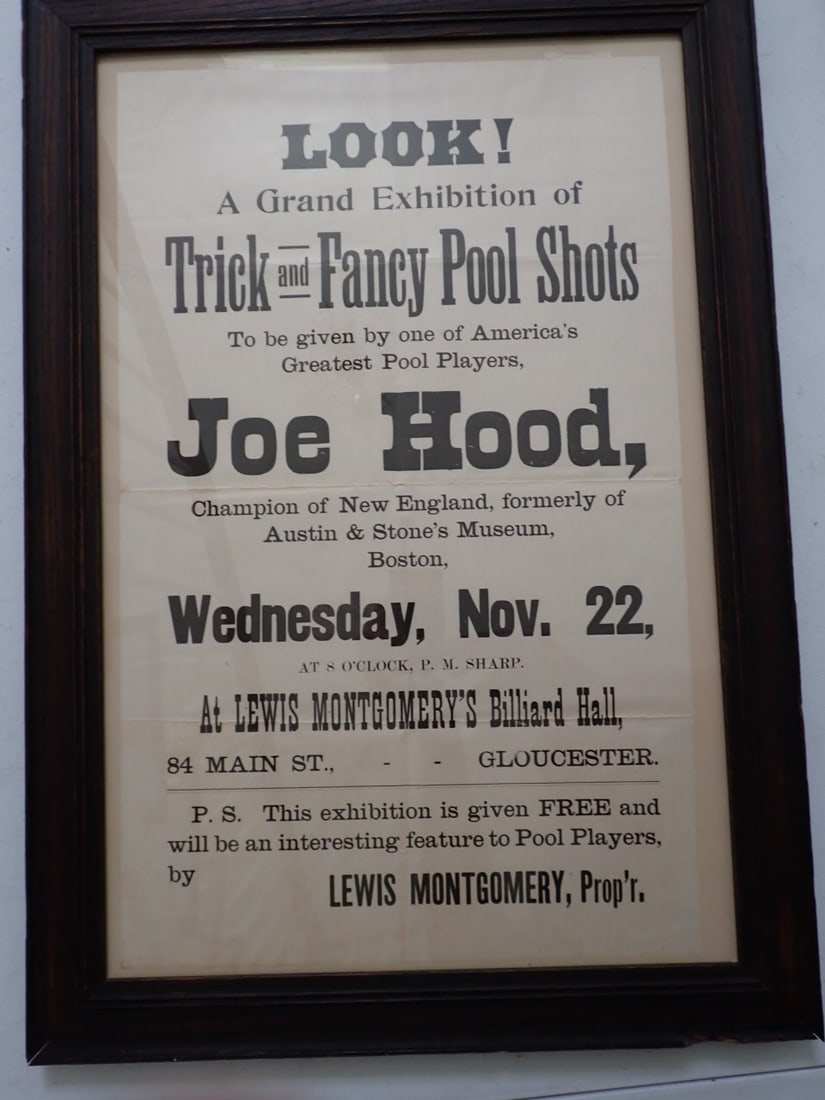 Trick and Fancy Pool Shots by Joe Hood, Gloucester, MA Exhibition poster: Look: A Grand Exhibition of Trick and Fancy Pool Shots Joe Hood, Champion of New England Formerly of Austin & Stone's Museum, Boston at Lewis Montgomery's Billard Hall, 84 Mail St. Gloucester, 22 1/2"
