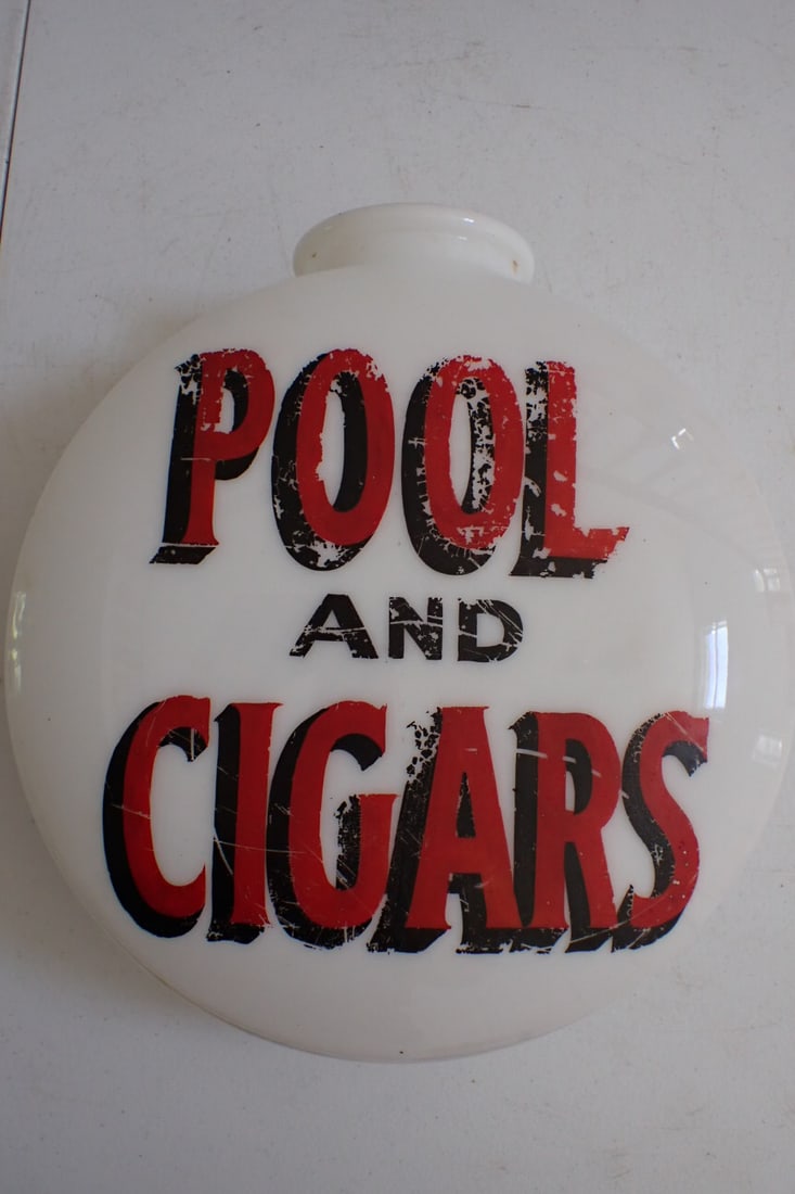 Pool and Cigars painted shade/globe: Pool and Cigars hand painted milk glass shade/globe. Painted on both sides appr. 13" diameter. Retains most of paint on lettering. Mouth opening 4" diameter. Minor chipping on rim, but otherwise good 