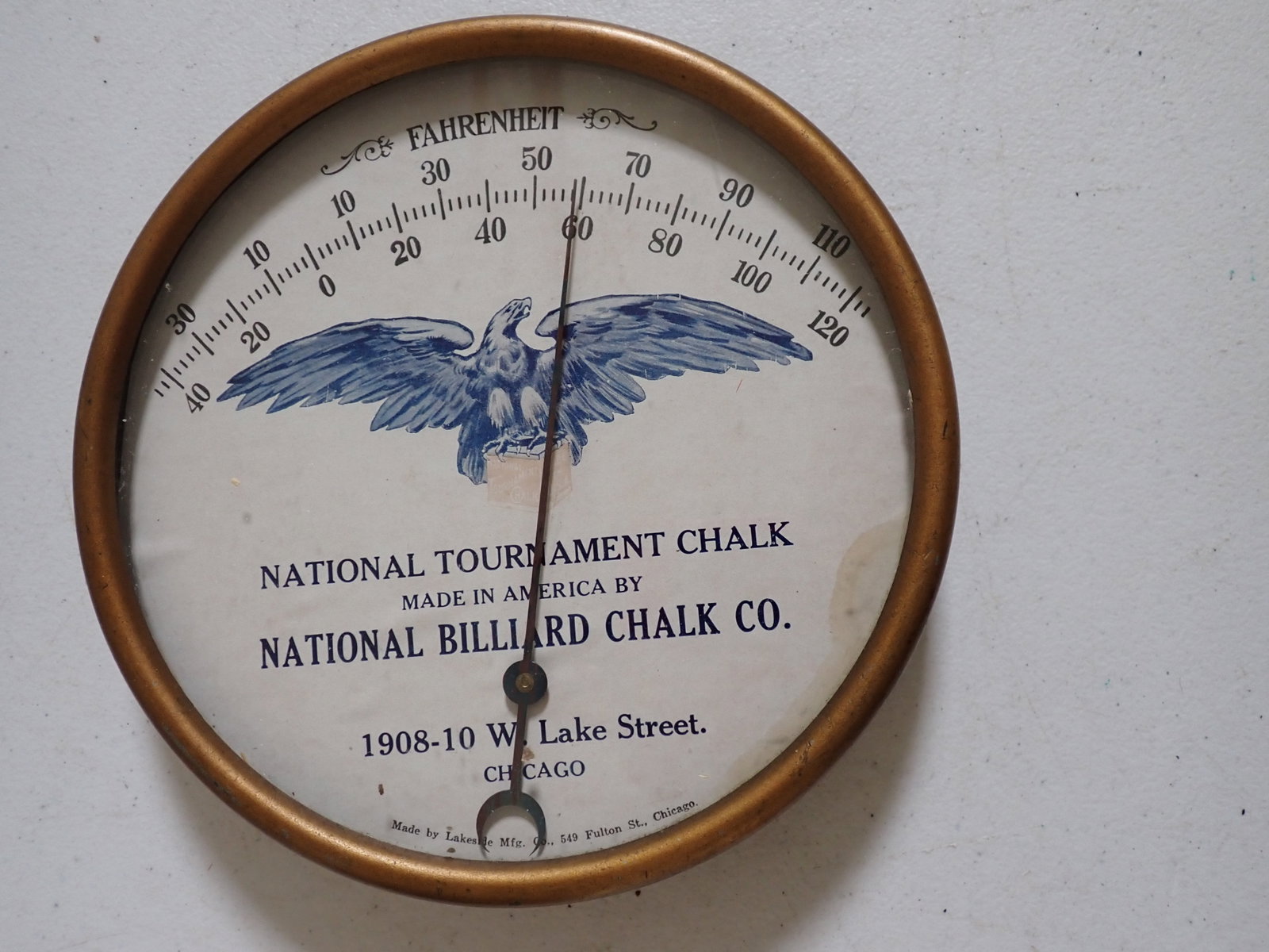 National Tournament Chalk Co. National Billiard Chalk Co. Thermometer: National Tournament Chalk Made in America by National Billiard Chalk Co. 1908-10 W. Lake Street, Chicago. 7" Diameter Thermometer. Has a stain on edge. Color has some fading. Thermometer works.