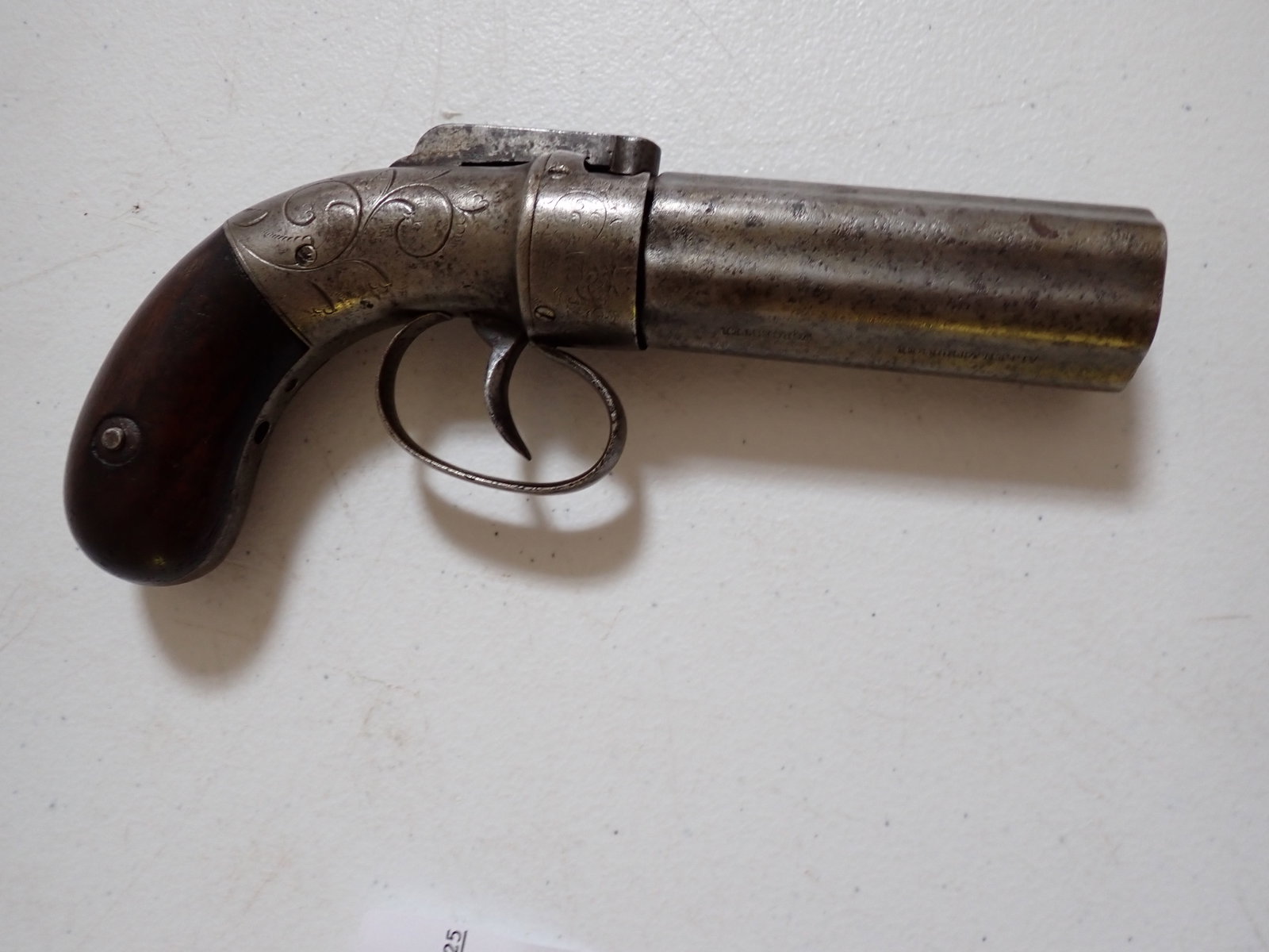 1845 Allen & Thurber Worcester, MA .31 Caliber Pepperbox Pistol: Hammer marked Allen's Patent 1845. Engraved. Normal wear. 7 1/2" Normal wear. Trigger mechanism works and cylinder rotates.