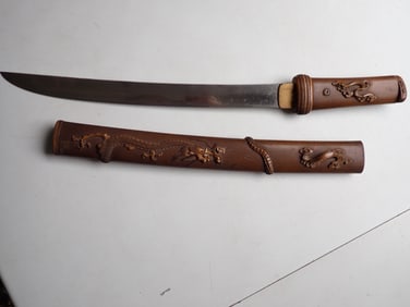 Tanto with Carved Dragon Design Wood Sheath and signed Blade