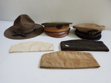 World War I Army Campaign Hat, 2 other hats & 3 caps