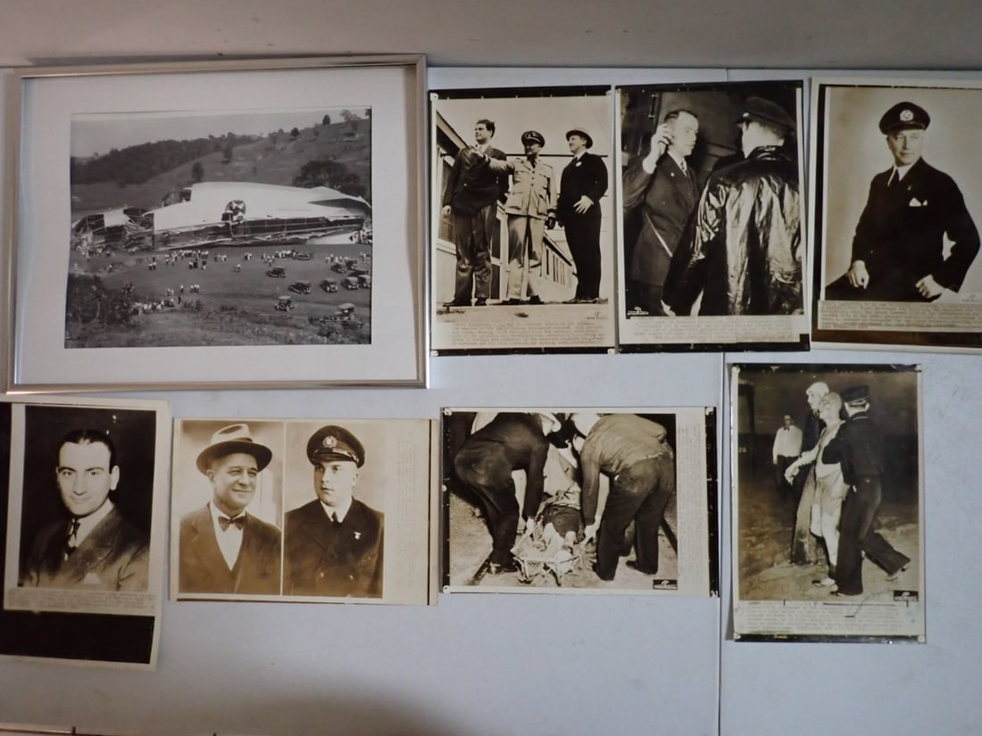 Photos of Victims, Survivors of the Hindenburg, Shanandoah wreckage: 7 Photos of a Hindenburg Survivor who jumped from the airship, a casualty, Max Pruss (Hindenburg captain) and other Hindenburg related photographs (8" x 11 3/4"). Also, a framed photo of a wreck of th