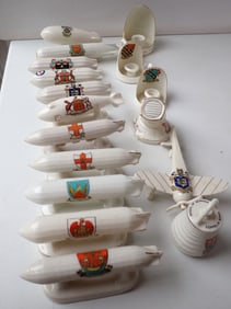 Crested China Zeppelins, Aeroplane, Candlesticks, Searchlight, & Bomb