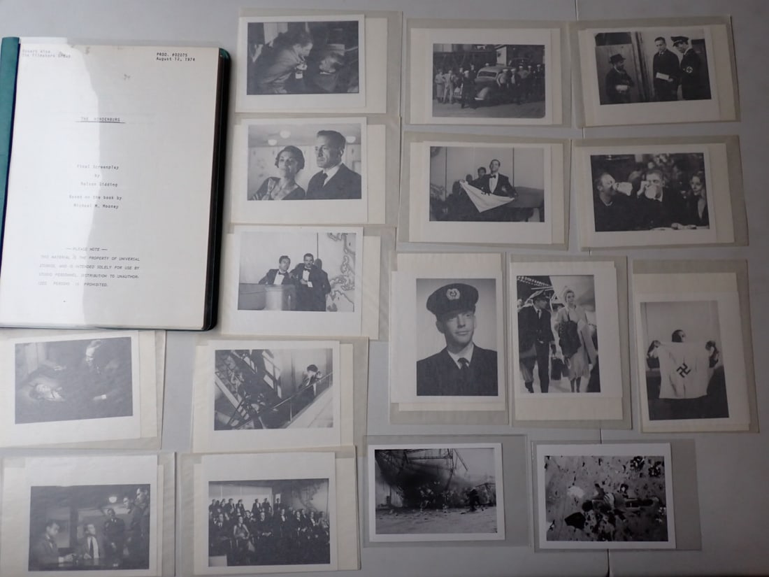 The Hindenburg Screenplay 1974 by Robert Wise and Photos: 1974 Screenplay for the 1975 "The Hindenburg" Movie with George C. Scott and Anne Bancroft. Also has 15 movie still 4" x 5" Photographs