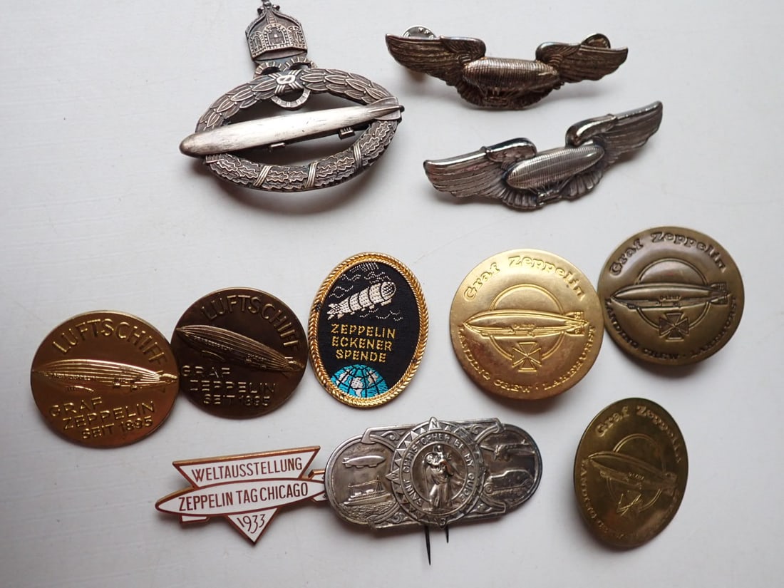 Silk Woven Zeppelin Donation Pin Graf Zeppelin, & others: Graf Zeppelin Commemorative Pins, Pilot Wings, etc. Some original and some later.