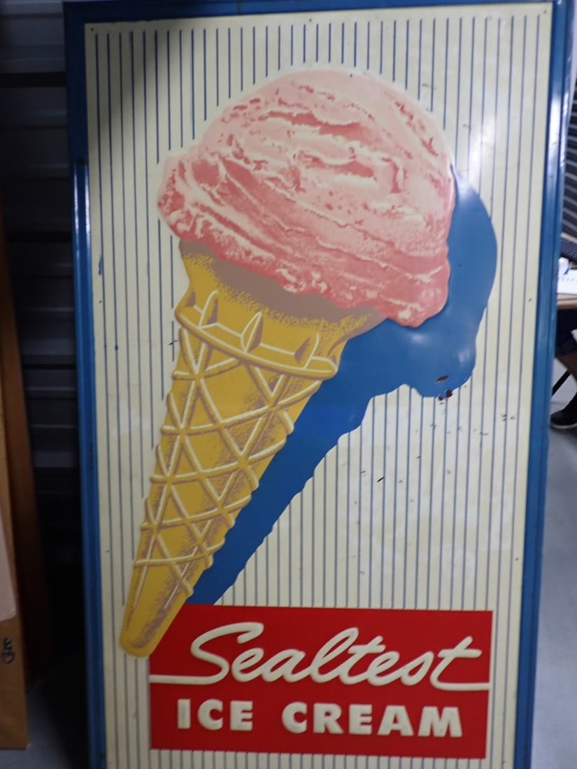 Sealtest Ice Cream Metal Sign with Ice Cream Cone w/ wooden frame: Some slight wear 56" x 32"