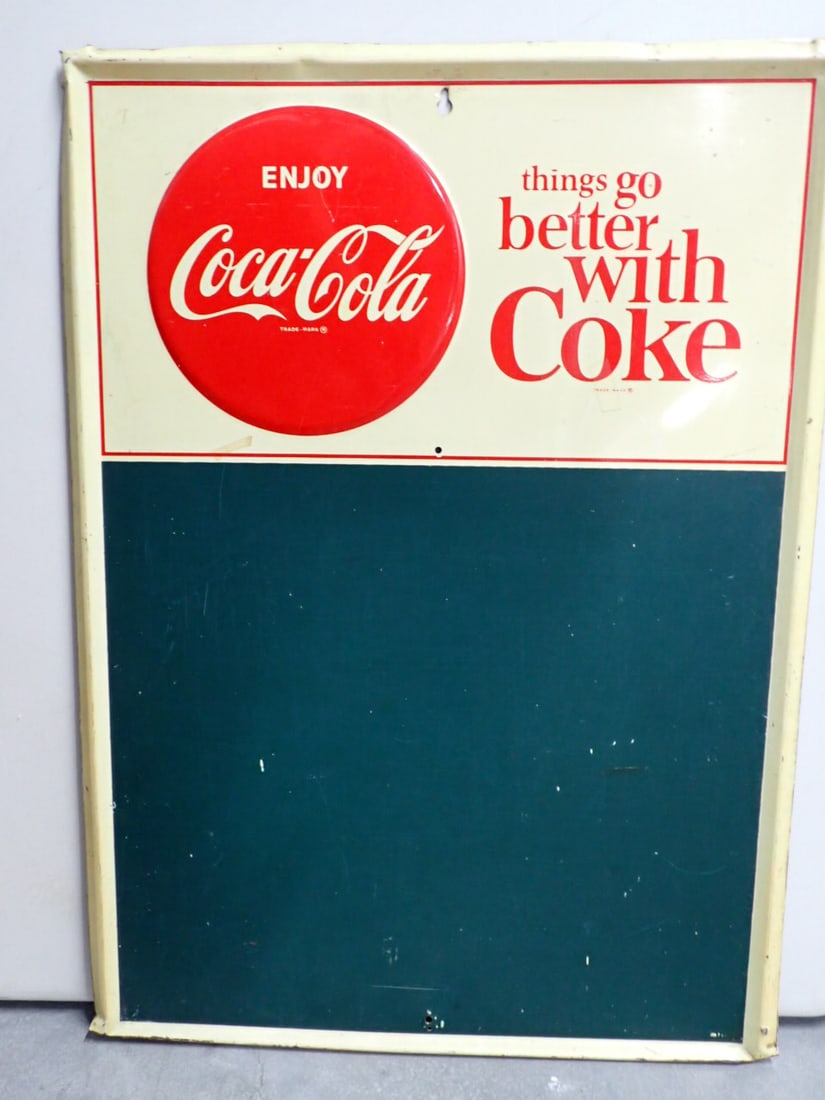 Things go better with Coke Metal sign: Open green area for writing specials of the days 27" x 20". Condition Light scuffing, tape spot some bending of corners