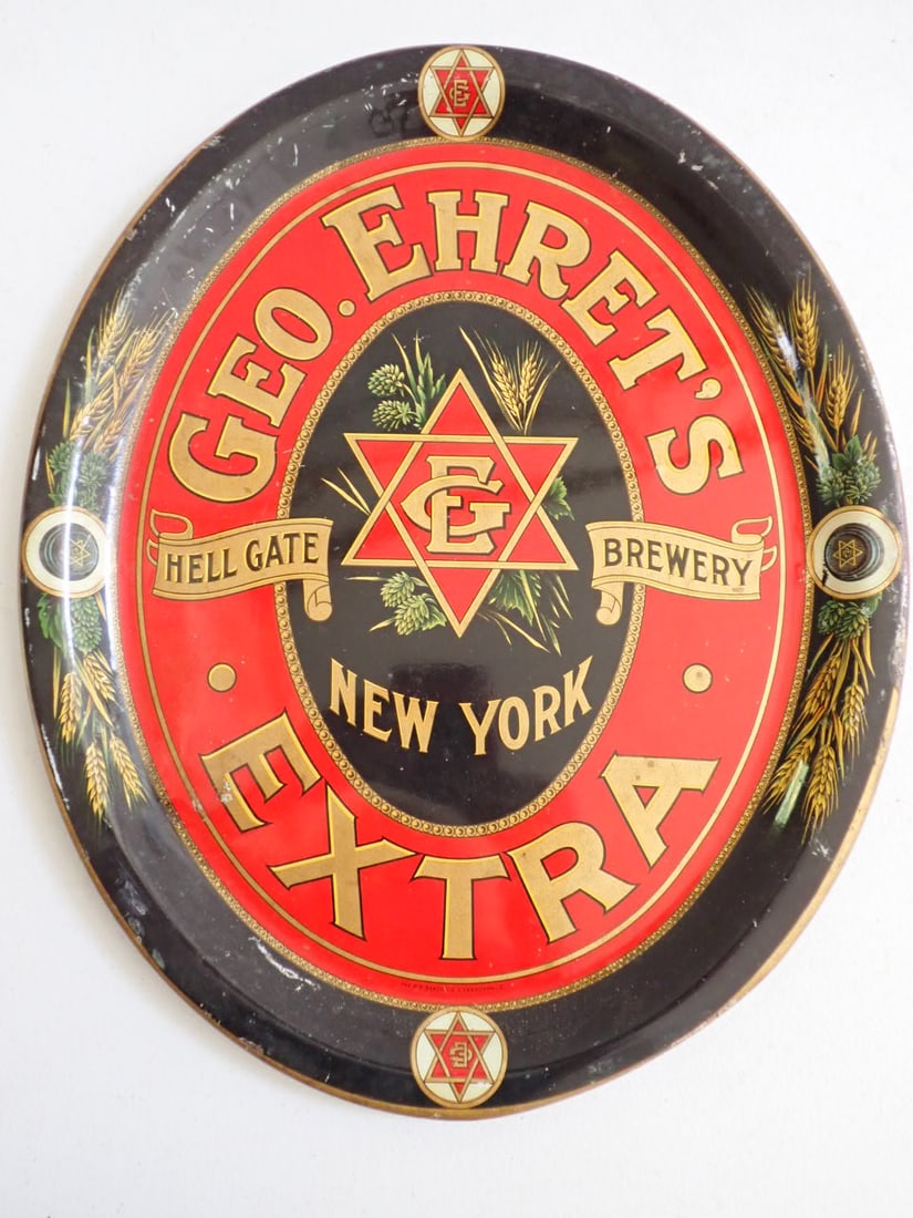 Geo. Ehret's Extra Hell Gate Brewery Beer tin tray New York with Brewer's Stars: Beer tray marked The H.D. Beach Co. Coshocton, O. Has Brewer's Star in Center with Wheat and Barley. Has some scuffing and edge wear. Reverse has some oxidation. Overall good condition. 16 1/2" x 13 1