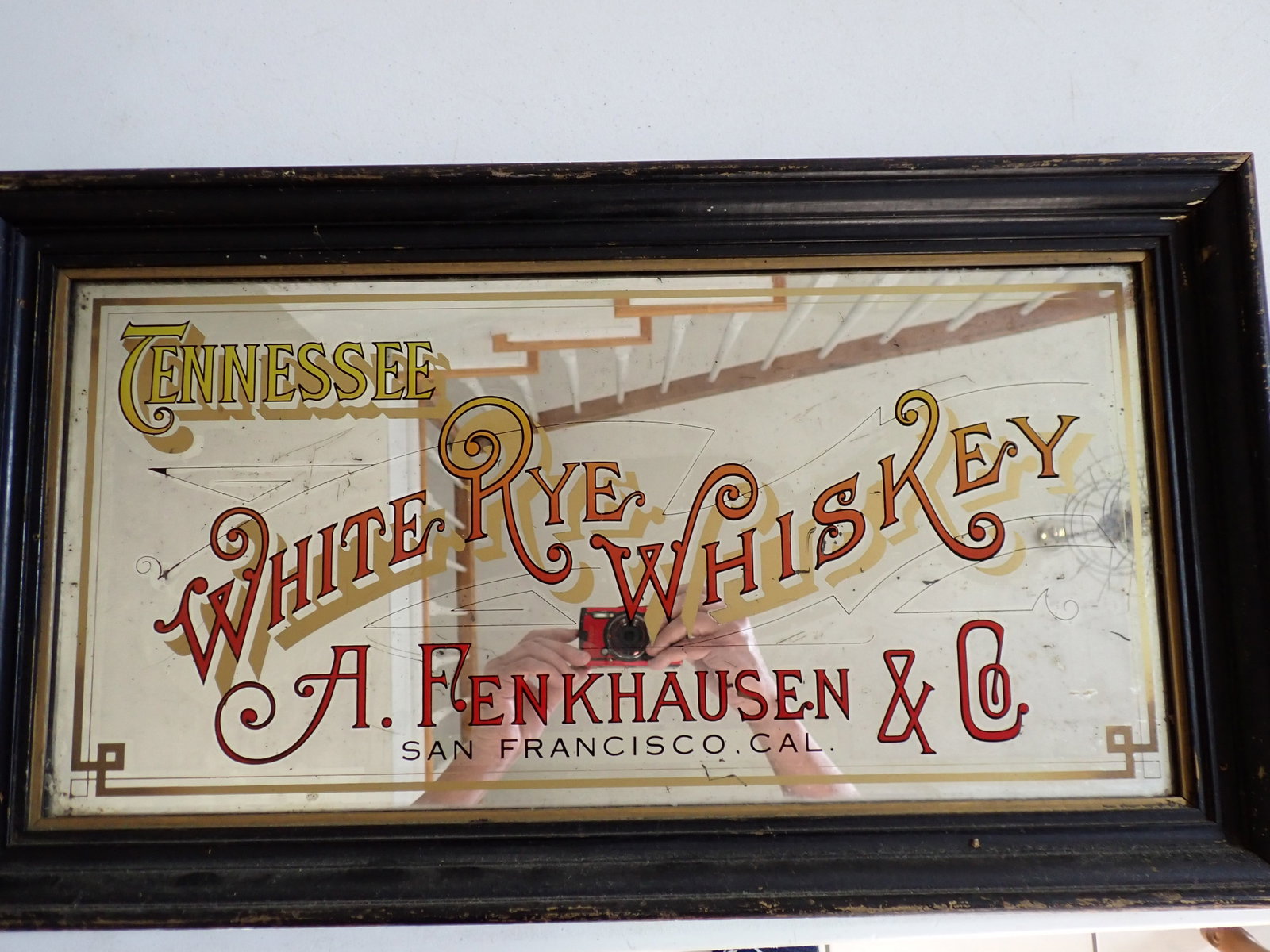 Tennessee White Rye Whiskey A. Fenkhausen & Co. San Francisco Cal: Mirrored advertising sign. Frame 15" x 27 1/4". Sign 12" x 24"