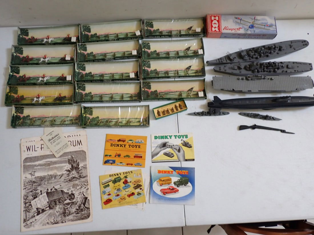 Tru-Size Metal AHI Metal Toy Soldiers, Models, etc.: 14 Packages Tru-Size AHI Metal Soldier Figures, Dinky Toys 160 Royal Artillery Personnel, Hawk No. 706 Nieuport Model Plane in Box, 2 Northampton Class Metal Battleships, 2 Model Battleships, Aircraft