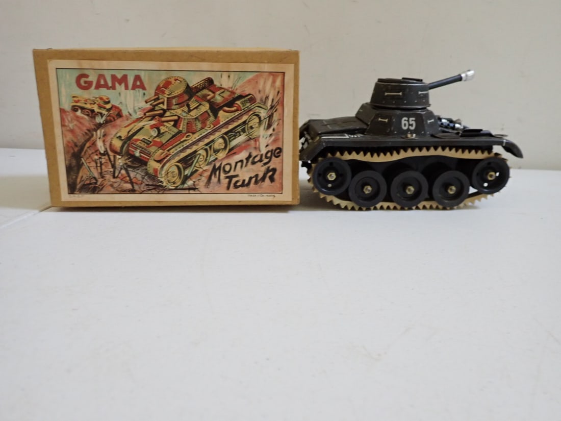Gama Montage Tank - U.S. Zone Germany Tin Litho in Box: Tank is in very good condition. Has just light wear on some edges. The box is also in very good condition and has the key and original paper wrapping around tank. Made in U.S. Zone Germany little afte