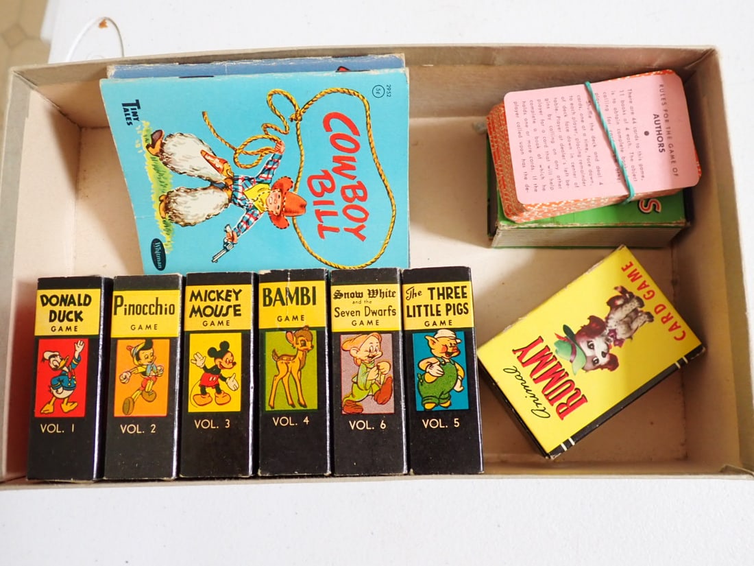 Vintage Disney 6 Volume Card Game Set,other cards and Books: Set of (6) Disney Miniature Card Games Russell Mfg. Co., Leicester, Mass. (2) miniature Witman books and misc. miniature cards. Boxes have cards in them have not been counted.
