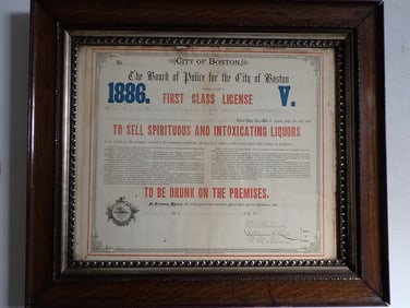 1886 City of Boston First Class Liquor License from Board of Police.