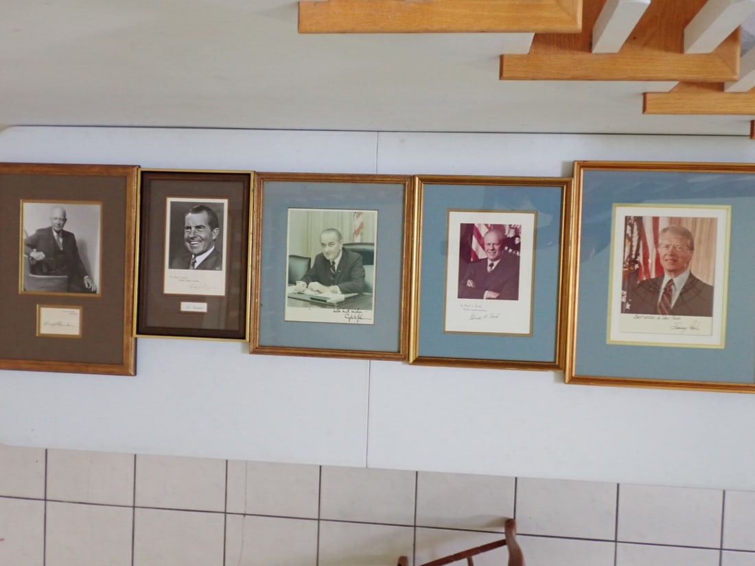 Eisenhower, Nixon, Johnson, Ford and Carter signed framed photos: 19"x14" Eisenhower signature on White House stationary, Nixon signed printed photo 15" x 10", LBJ signed photo 16" x14", Gerald Ford signed printed photo 16 1/2" x 13", Carter signed printed photo 18 