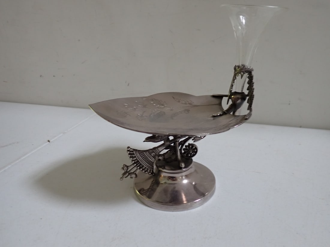 Silverplate Calling Card Holder with Epergne: Leaf design footed calling card holder with bird and floral Victorian designs, marked Rockford Co. Silverplate, 8" high including epergne