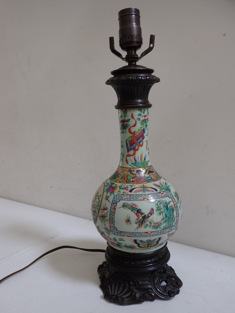Asian Painted Porcelain and Bronze Table Lamp: Hand Painted Birds, Butterflies, and Flowers. 17" High to Socket.