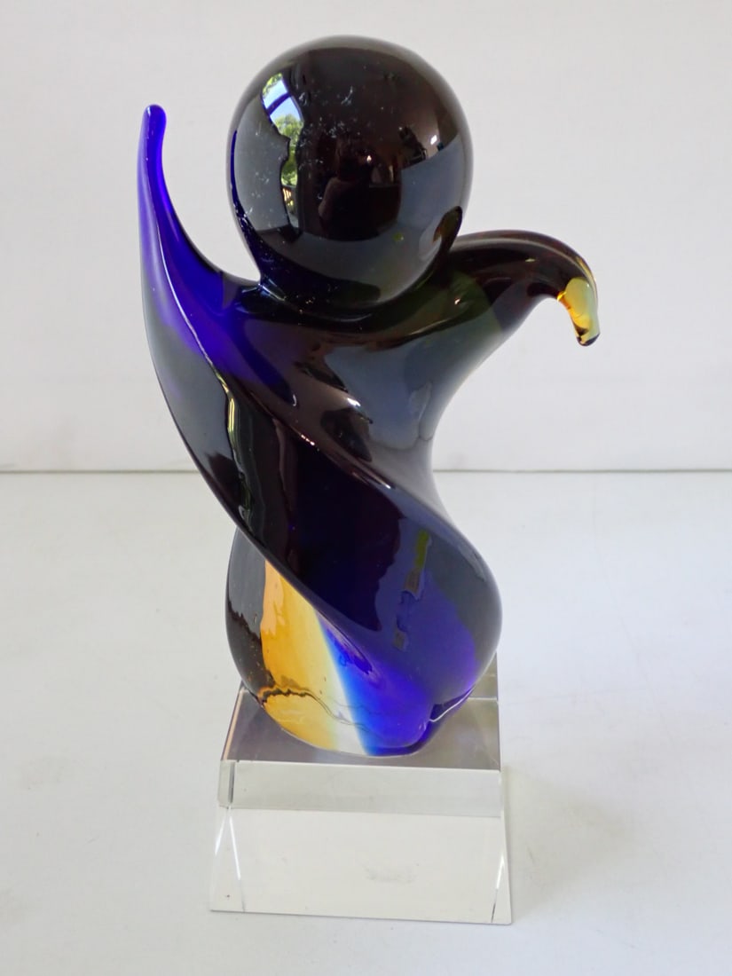 Murano Glass Sculpture: brown and blue glass on a clear glass base. Unmarked. 4 1/4" wide x 3 3/8" deep x 9" high. No cracks or chips. Typical wear from use.